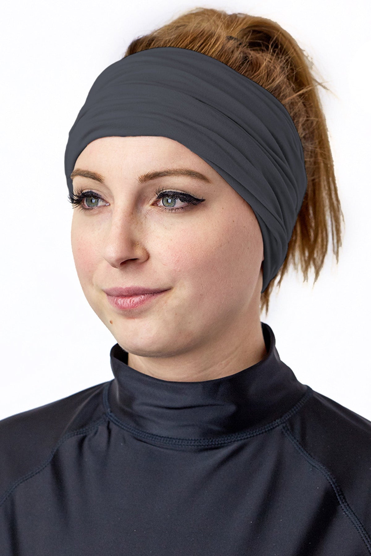Woman Wearing the Bamboo UV Neck and Face Covering in Charcoal as a Headband|charcoal