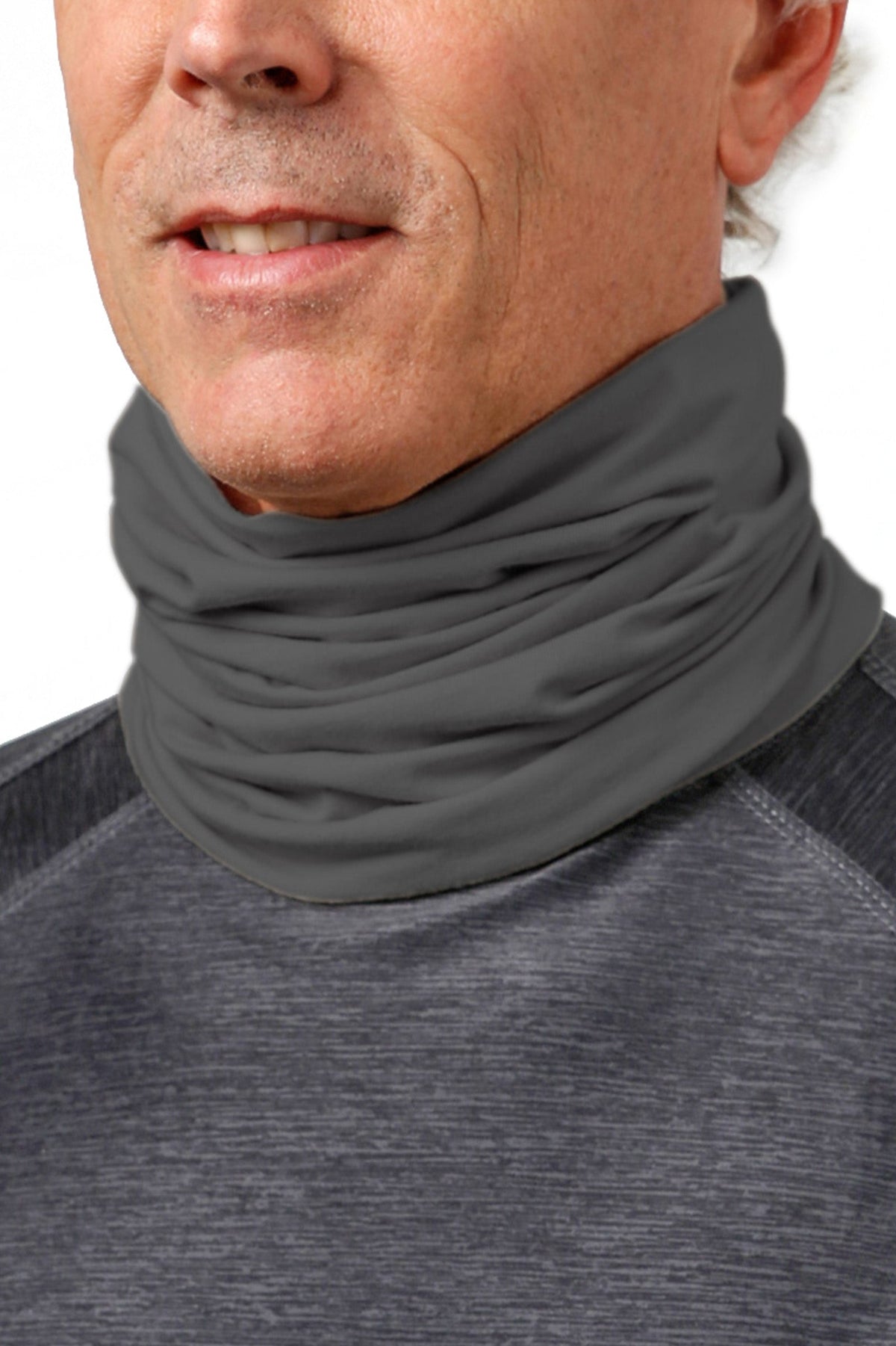 Close Up of the Bamboo UV Neck and Face Covering in Charcoal|charcoal