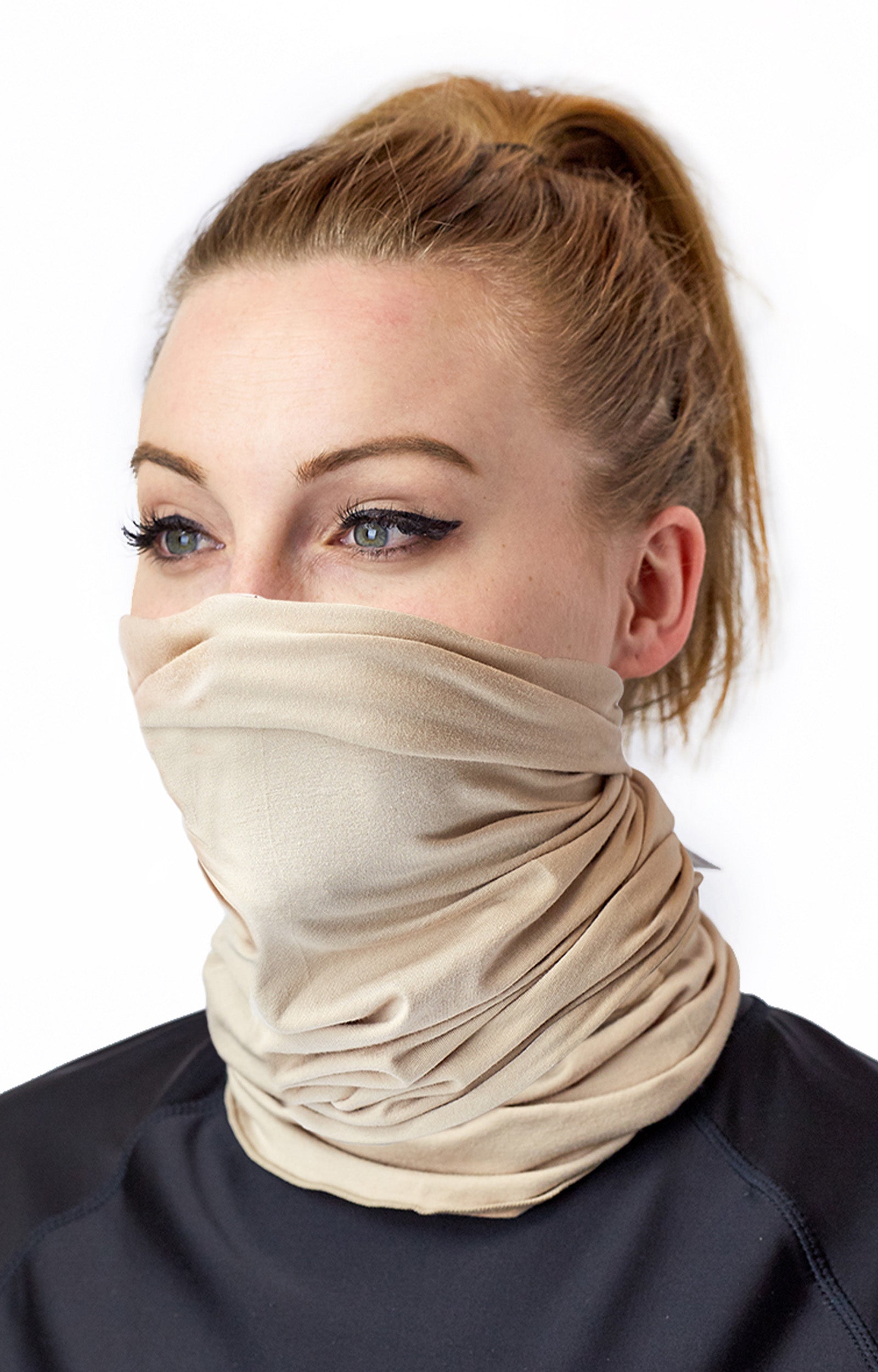 Woman Wearing the Bamboo UV Neck and Face Covering in Sand|sand