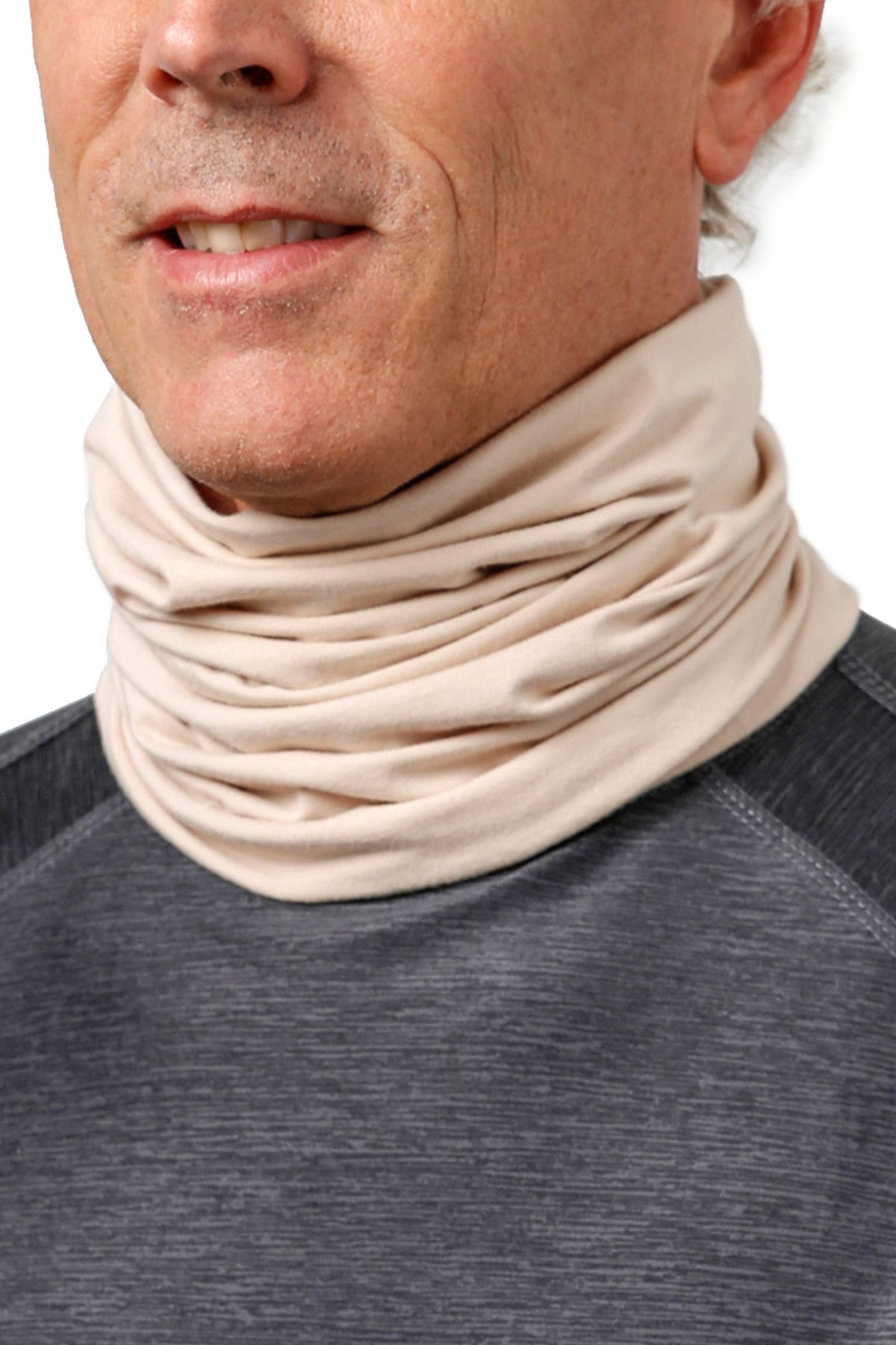 Close up of UV Skinz's Bamboo UV Neck and Face Covering in Sand|sand