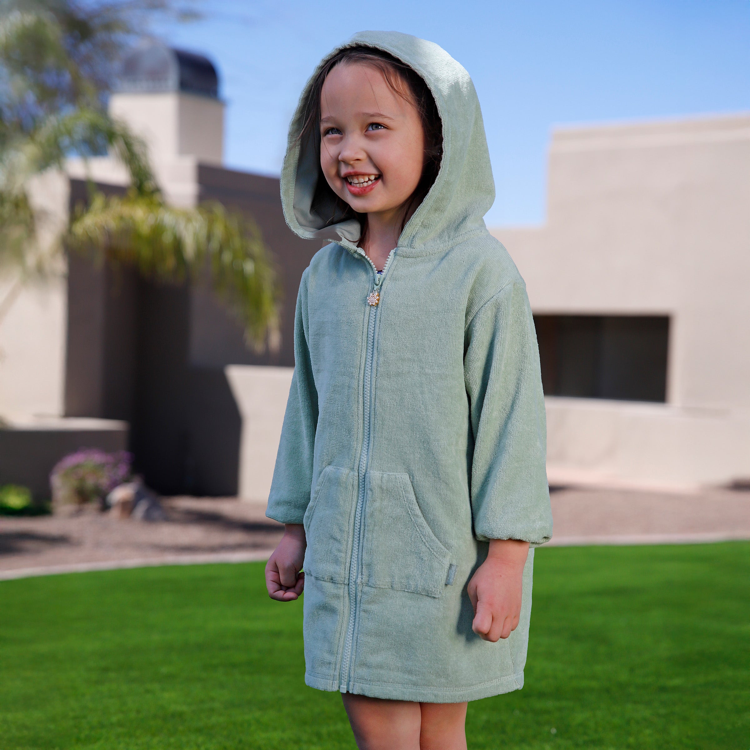girl in kids hooded terry beach cover up|frosty-green