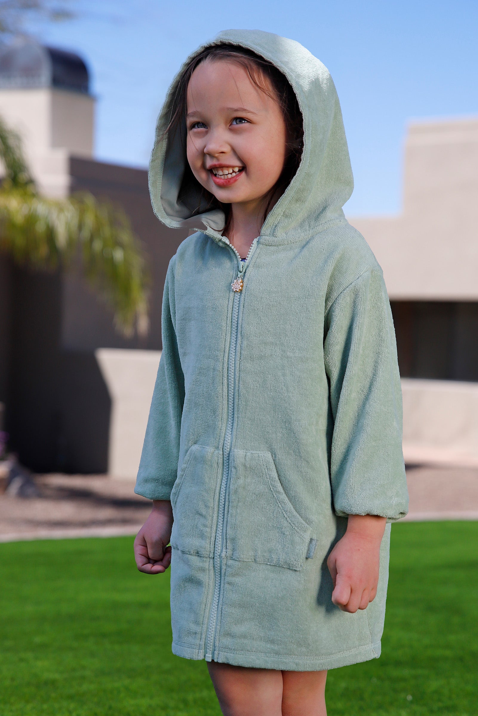 girl in kids hooded terry beach cover up|frosty-green