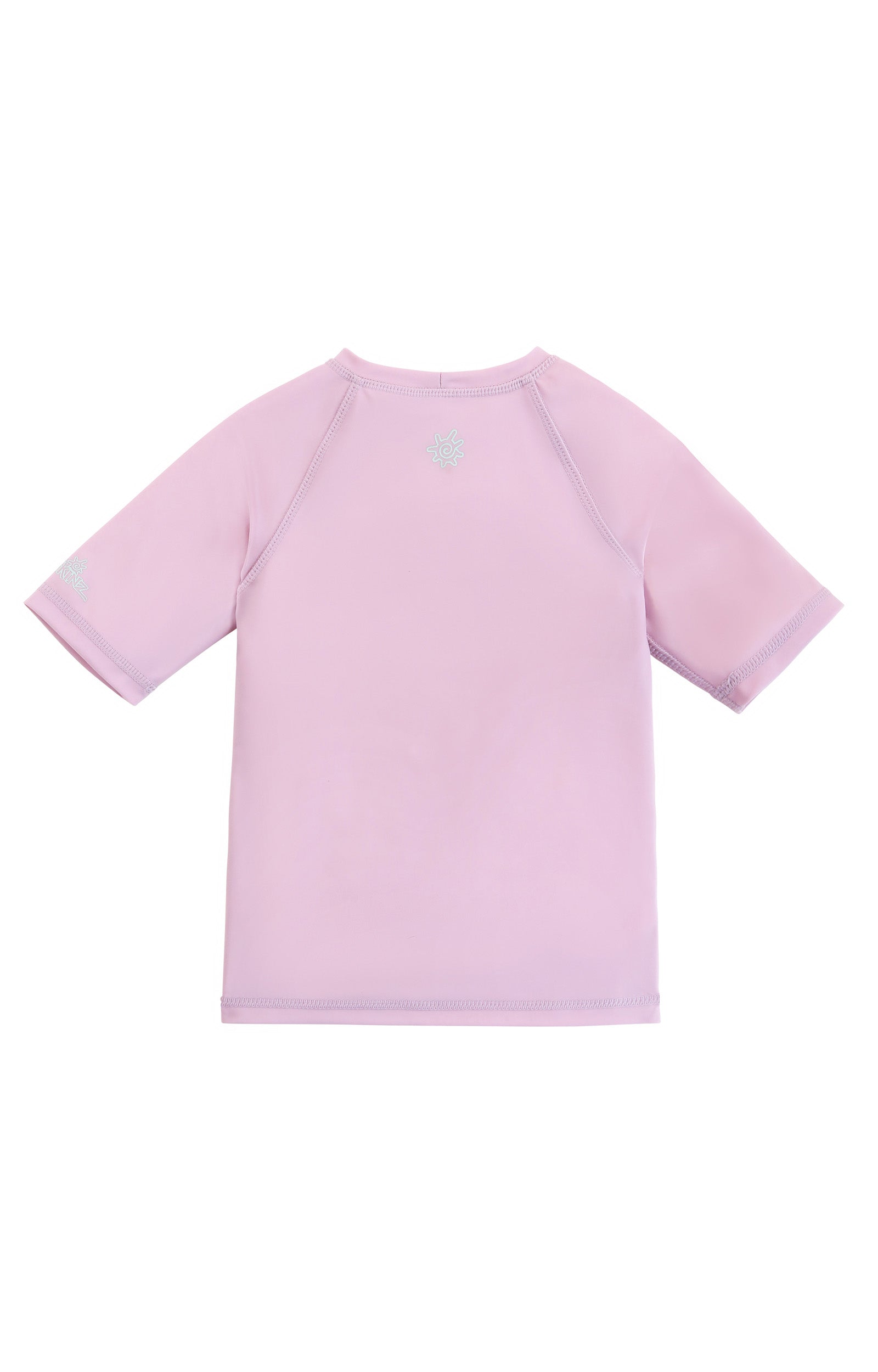 back view of kids short sleeve crew sunny swim shirt in starfish tide|starfish-trio