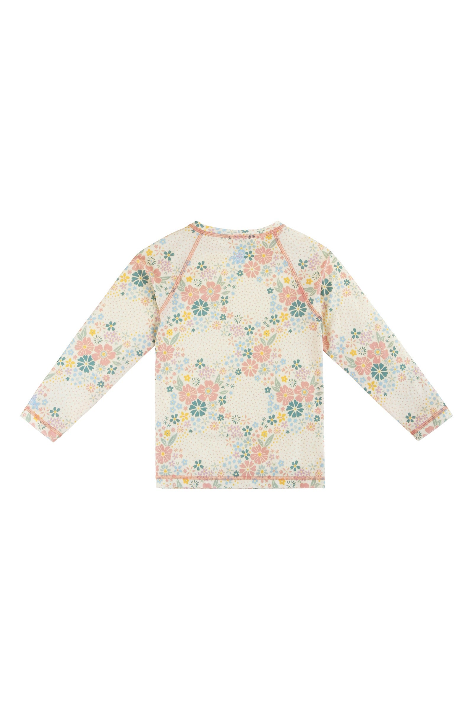 back view of kids long sleeve crew sunny swim shirt in secret garden|secret-garden