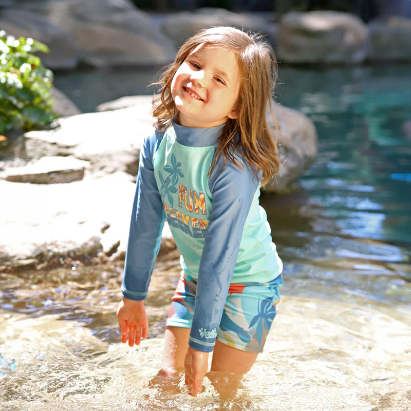 girl on rock in kids long sleeve sun & Swim shirt|fun-seeker