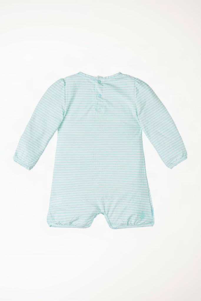Back of the Baby girl's hoodied sunzie in beach glass stripe|beach-glass-stripe
