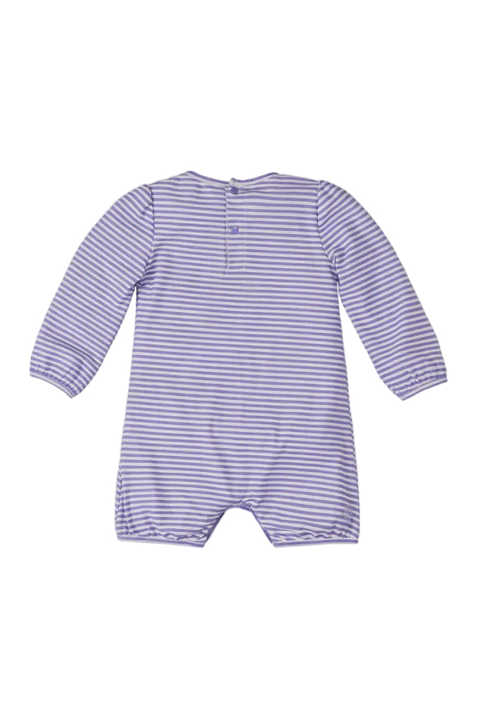 Back of the Baby girl's hoodied sunzie in lavendar stripe|lavender-stripe
