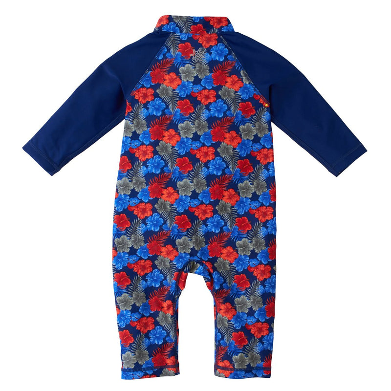 back of the baby boy's one-piece swimsuit in americana hibiscus|americana-hibiscus