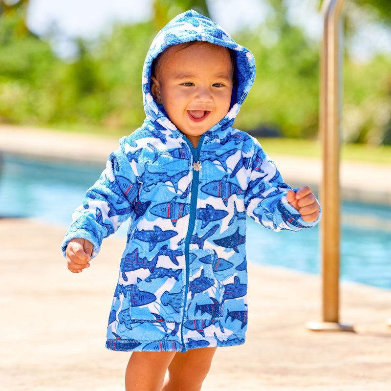 Baby boy wearing a hooded UPF cover-up|sharks