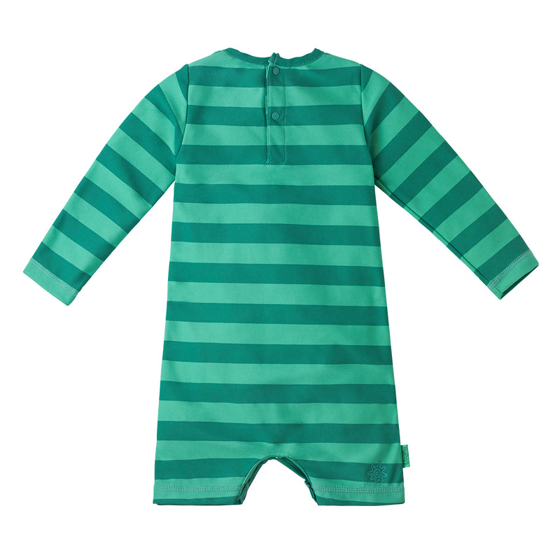 Back of the baby boy's onesie in pineapple rugby stripe|pineapple-rugby-stripe