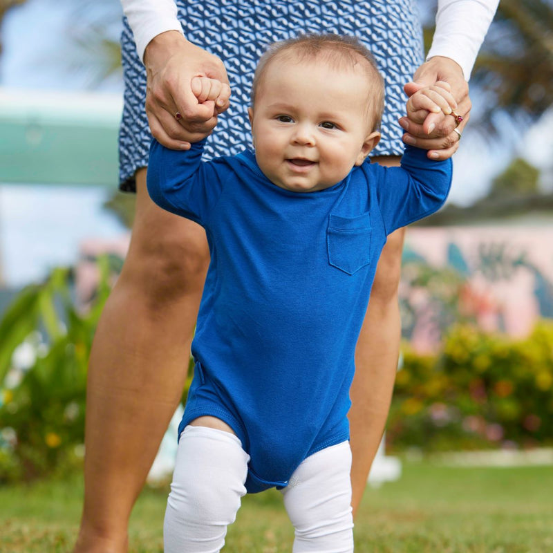Little Boy Walking in the Baby Boy's Hooded Sunzie|navy-blue