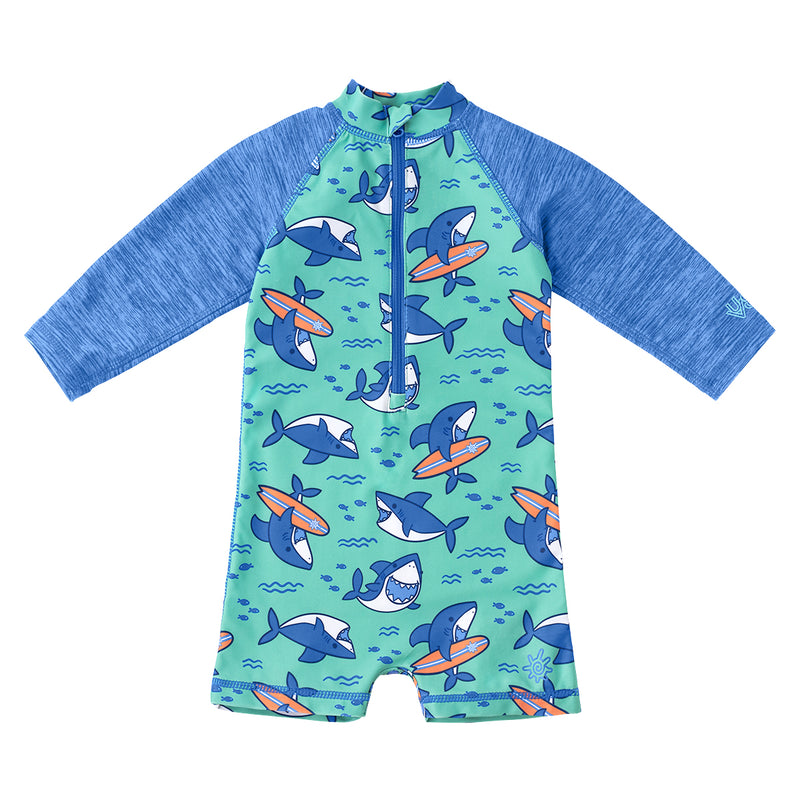baby boy's long-sleeeve swimsuit in surfing sharks|surfing-sharks