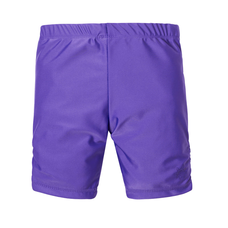 Back of UV Skinz's girl's swim shorts in purple|purple