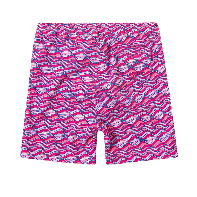 Back View of the Girl's Board Shorts in Pink Waves|pink-waves
