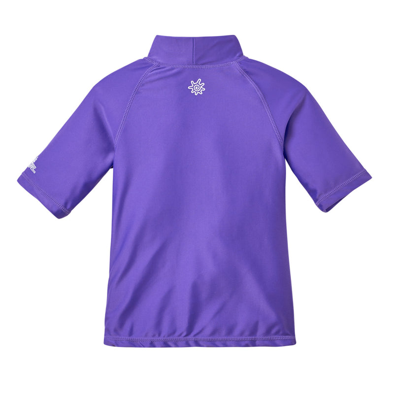 Back view of the kid's short sleeve swim shirt in purple|purple