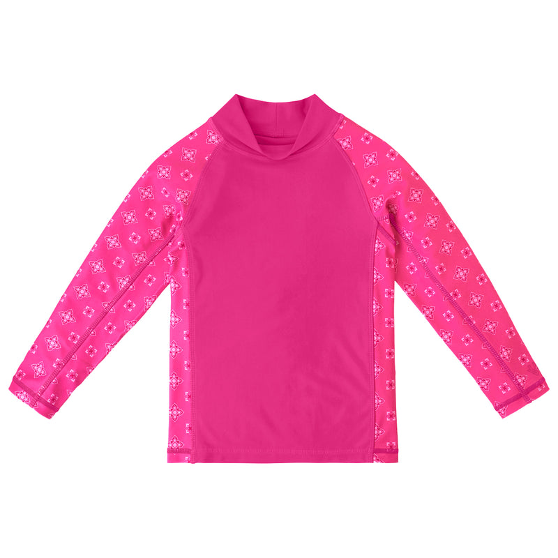 girl's long sleeve UPF swim shirt in hot pink mini medallion|hot-pink-mini-medallion