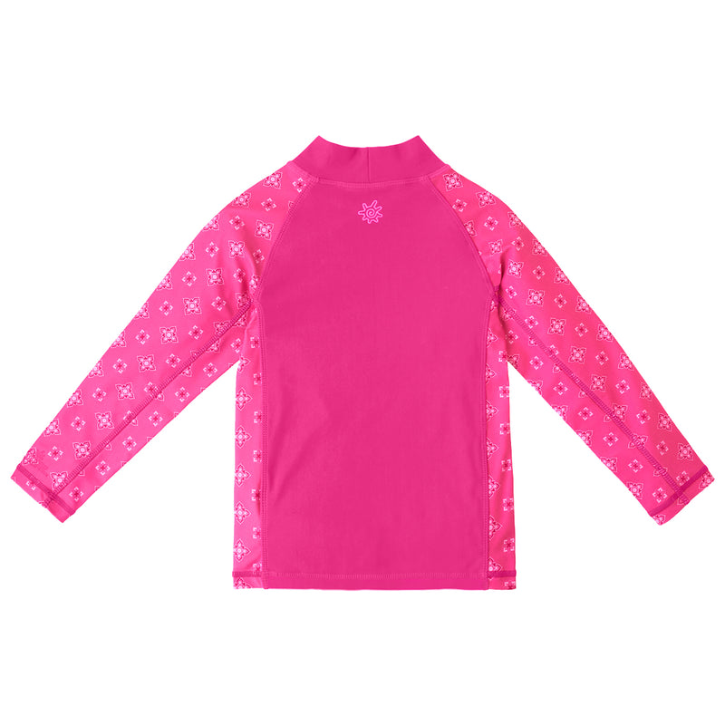 back of the girl's long sleeve UPF swim shirt in hot pink mini medallion|hot-pink-mini-medallion