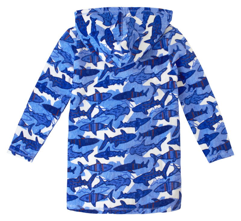 Back of the Boy's Hooded Terry Beach Cover-Up in sharks|sharks