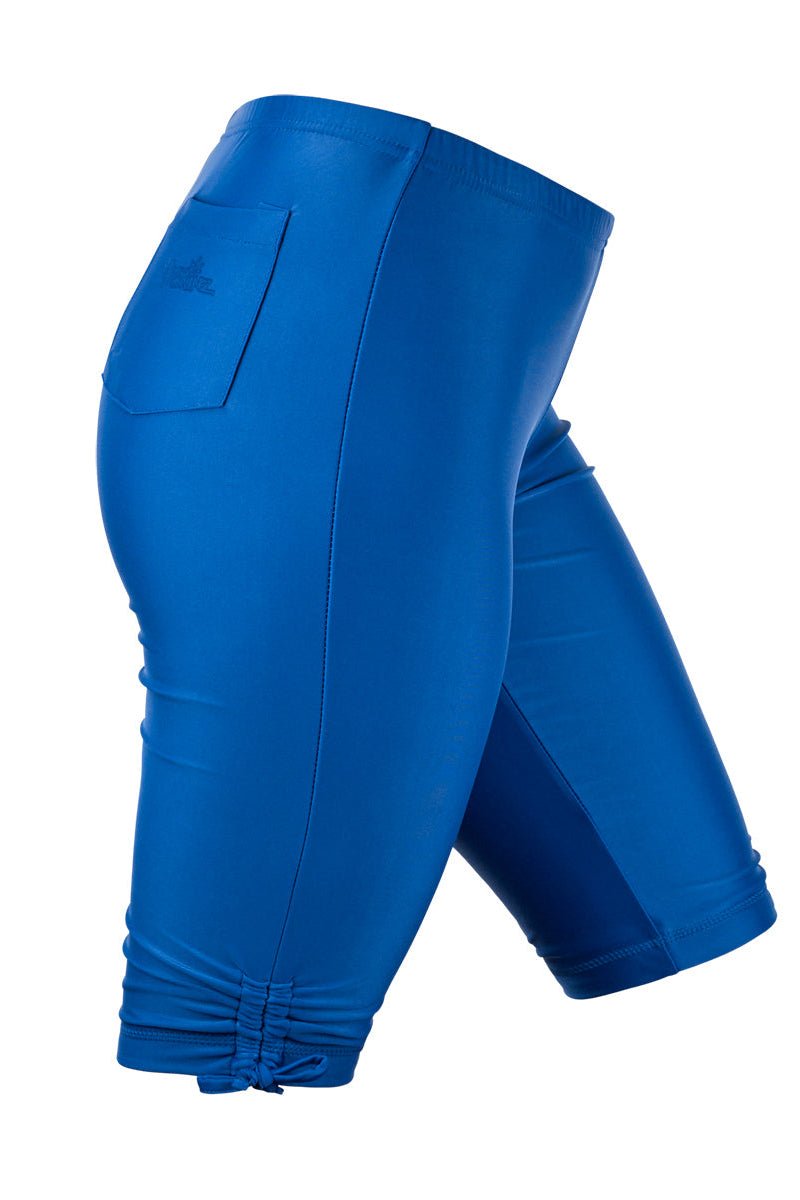 Side view of the women's long swim shorts in navy blue|navy-blue