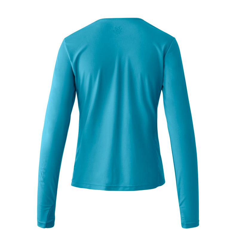 back of the women's long sleeve crew swim shirt in scuba blue|scuba-blue