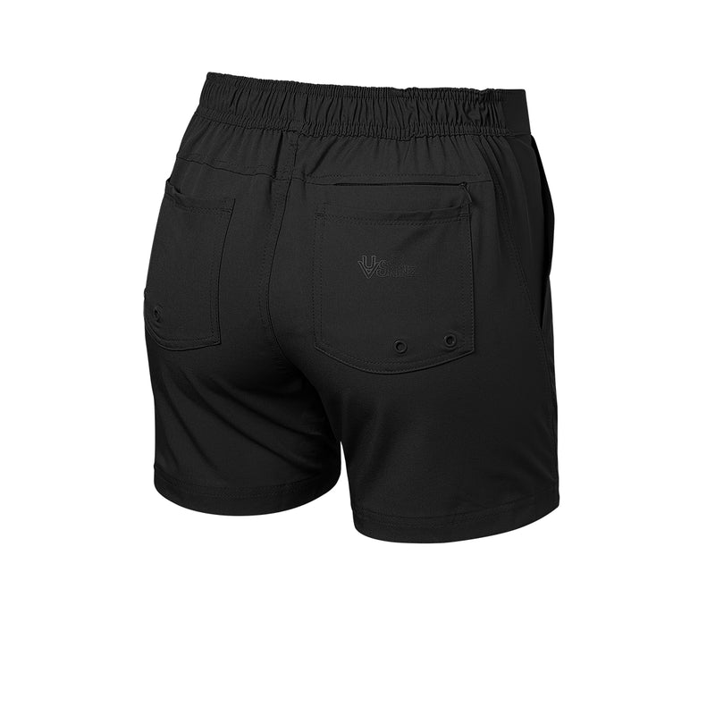 back of the women's island board shorts in black|black