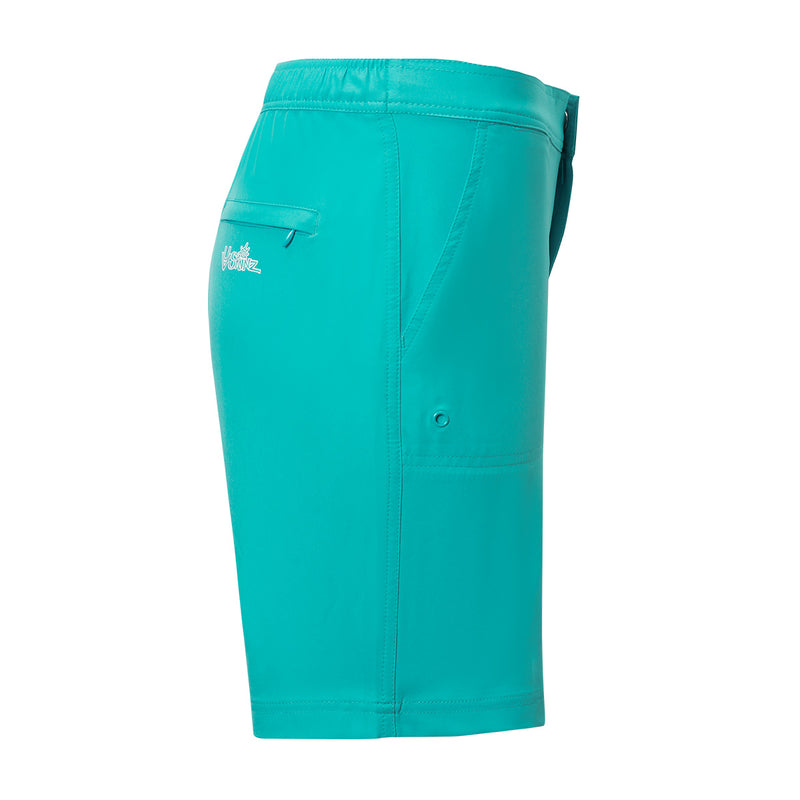Side View of the Women's Board Shorts in Teal|teal