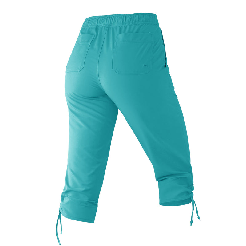 Back View of the Women's Beach Capris in Teal|teal