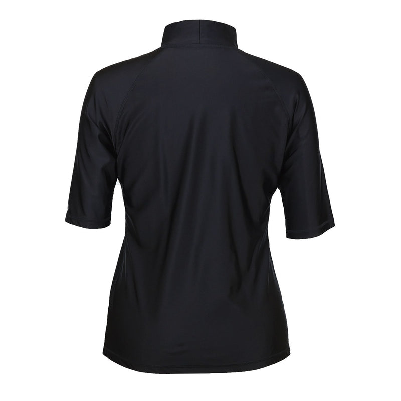back of the women's short sleeve swim shirt in black|black