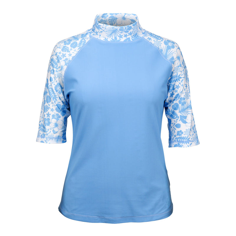 Women's Aloha Short Sleeve Sun & Swim Shirt in Sky Blue Aloha|sky-blue-aloha