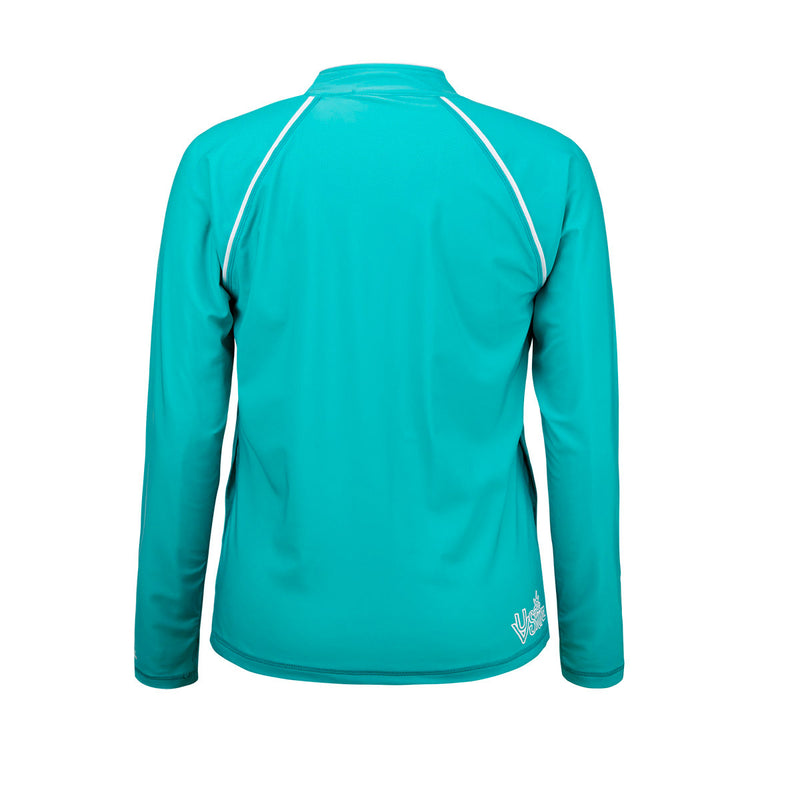 back of the women's swim jacket in teal|teal