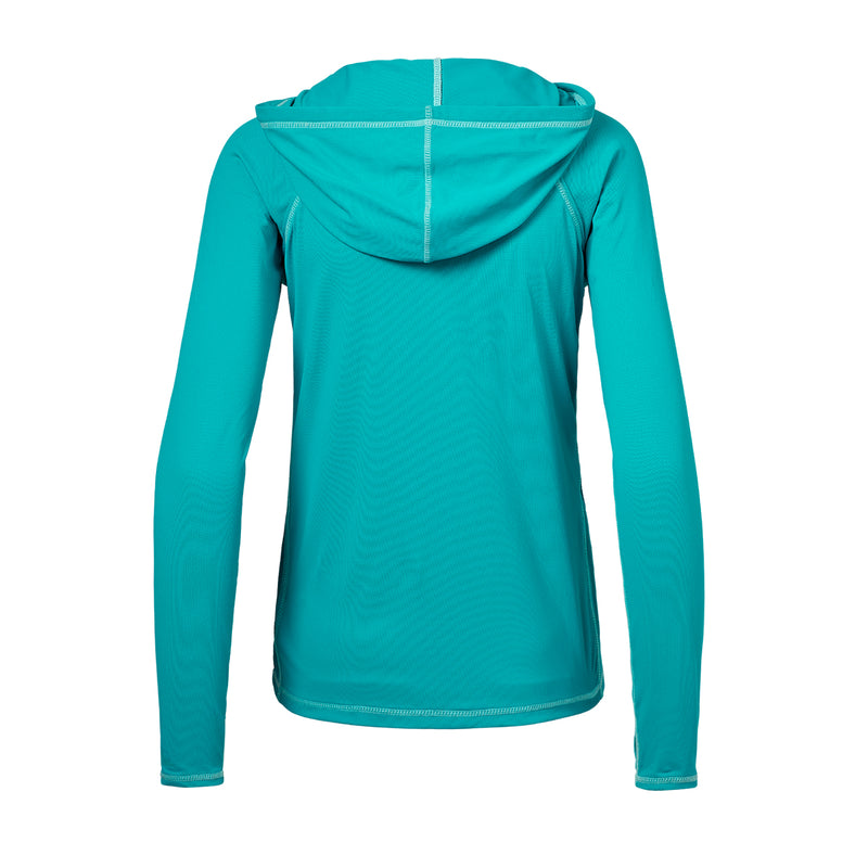 back of the UV Skinz's women's hooded water jacket in teal|teal