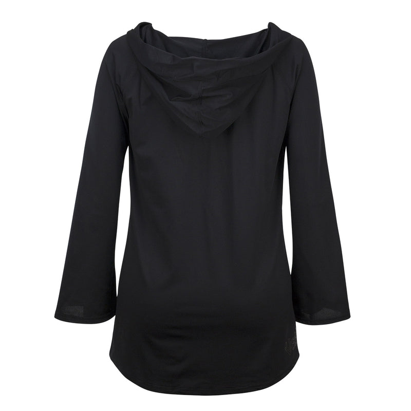 Back of the Women's Hooded Beach Cover Up in Black|black