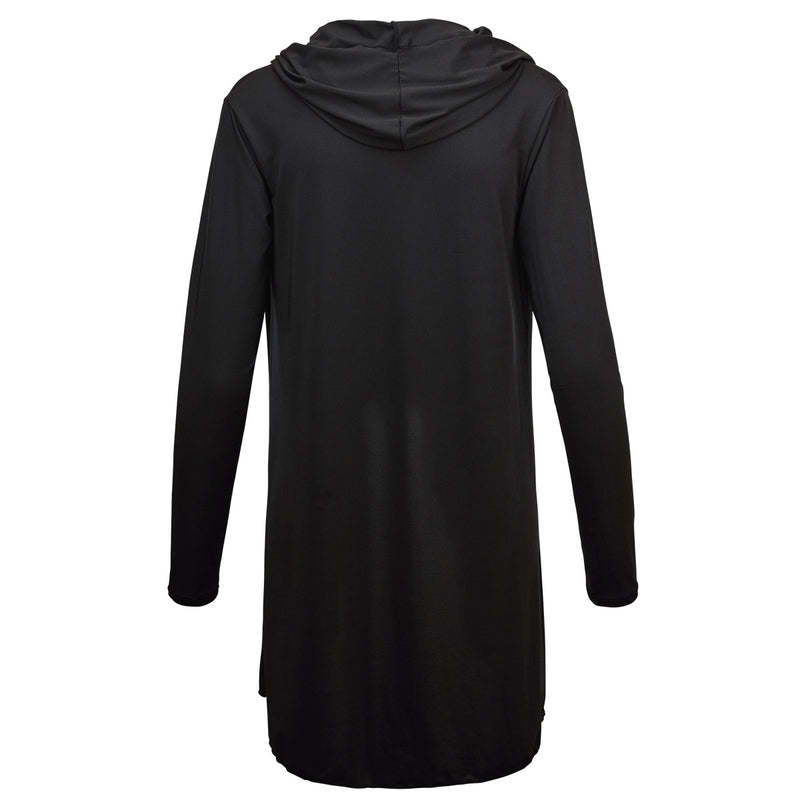 back of the women's hooded beach cover up in black|black