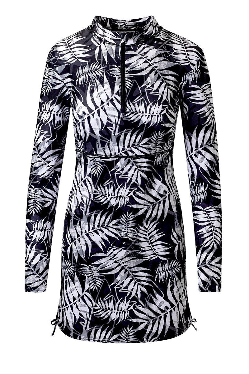women's swim dress in black palms|black-palms