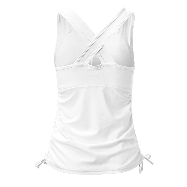 Back of the women's ruched swim tank top in white|white
