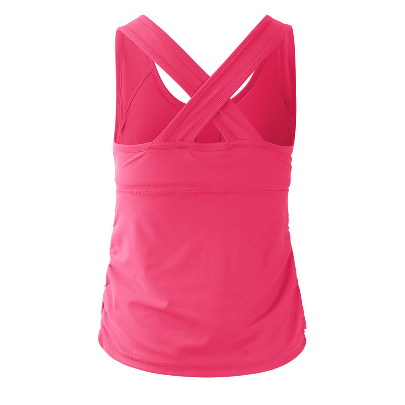back of the women's ruched swim tank top in berry|berry