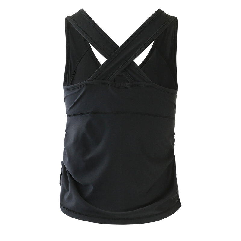 back of the women's ruched swim tank top in black|black