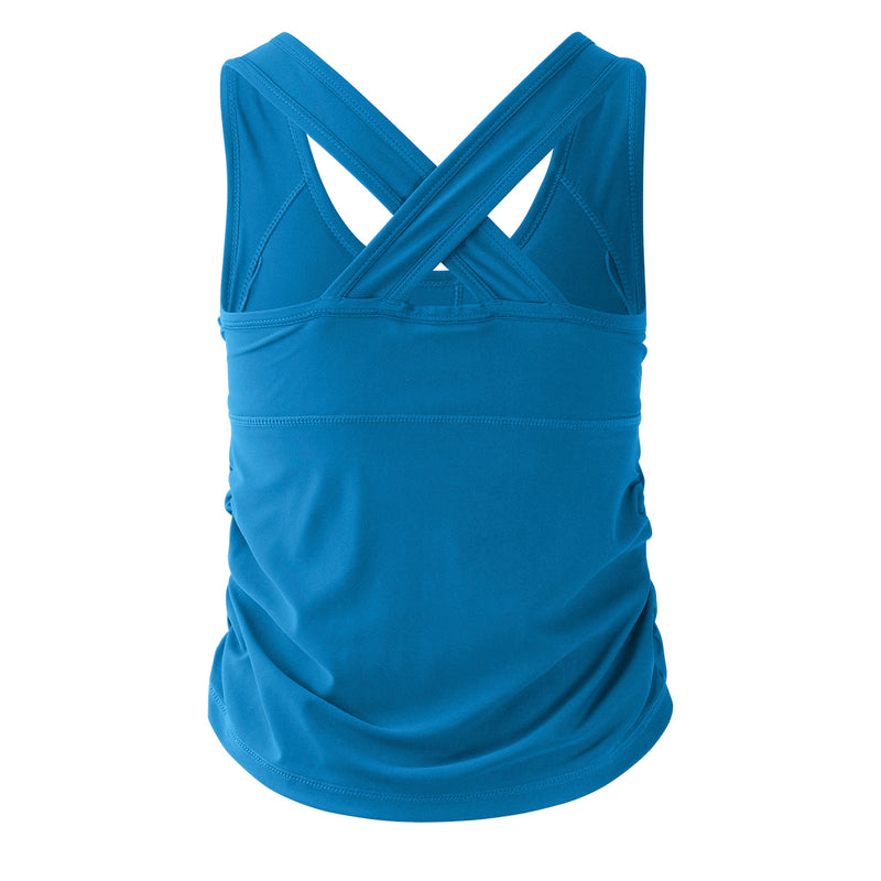 back of the women's ruched swim tank top in mykonos blue|mykonos-blue