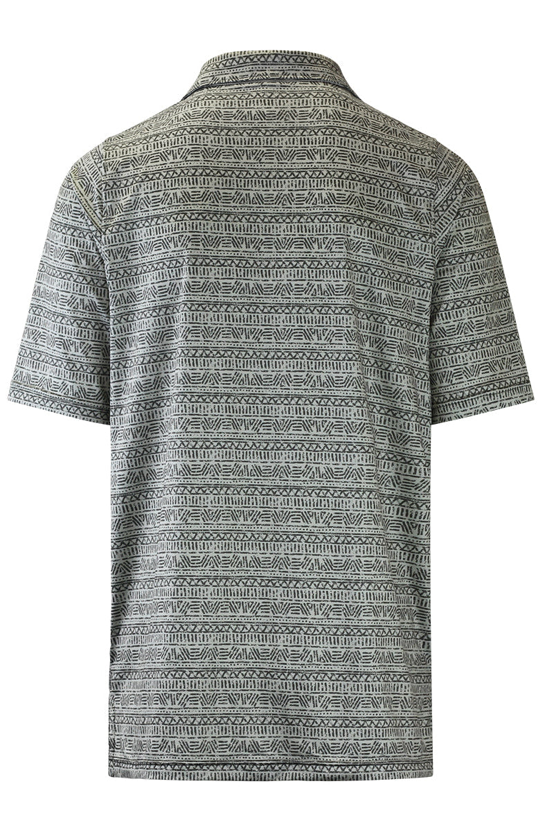 back of the men's short sleeve polo in distressed aztec stripe|distressed-aztec-stripe