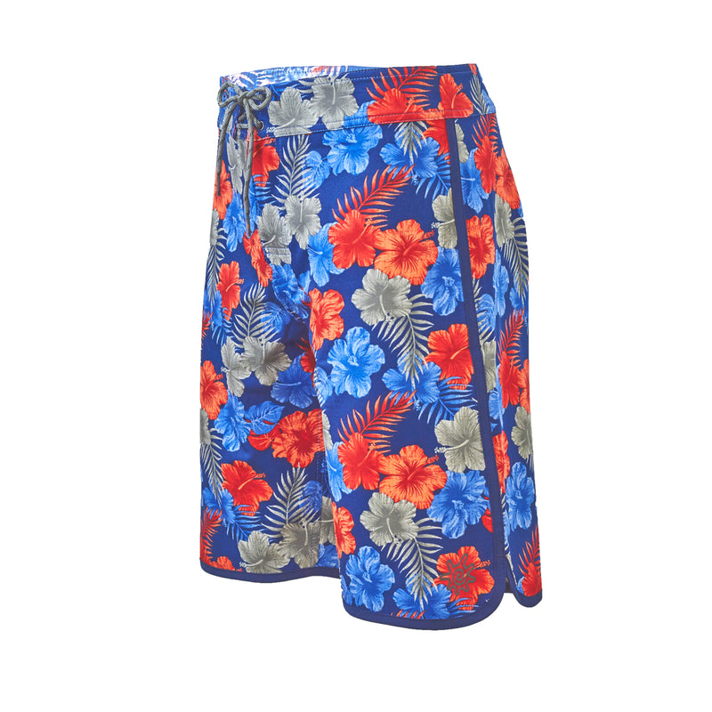 Side view of the men's retro board shorts in americana hibiscus|americana-hibiscus