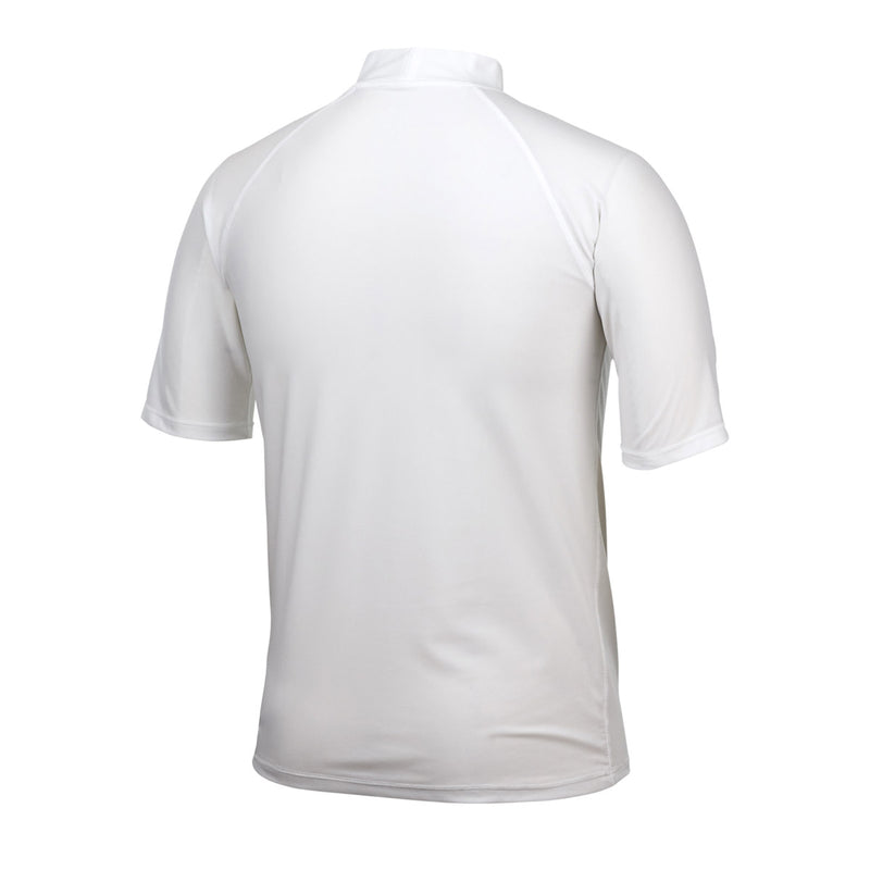 back of the men's short sleeve swim shirt in white|white