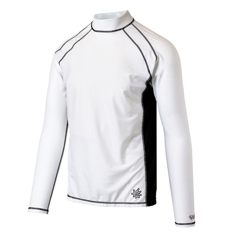side view of the men's long sleeve active swim shirt in white black|white-black