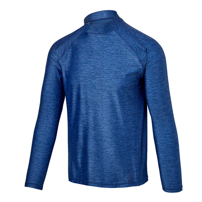 Side view of the men's long sleeve active swim shirt in washed navy|washed-navy-jaspe