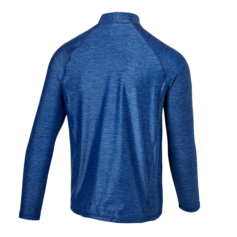 back view of the men's long sleeve active swim shirt in washed navy|washed-navy-jaspe