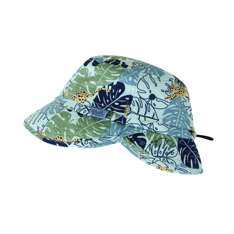 side view of the kid's adjustable flap sun hat in cool cat|cool-cat