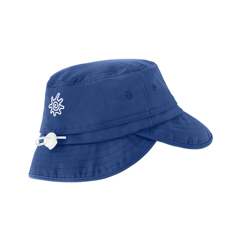 back view of the kid's adjustable flap sun hat in navy blue|navy-blue