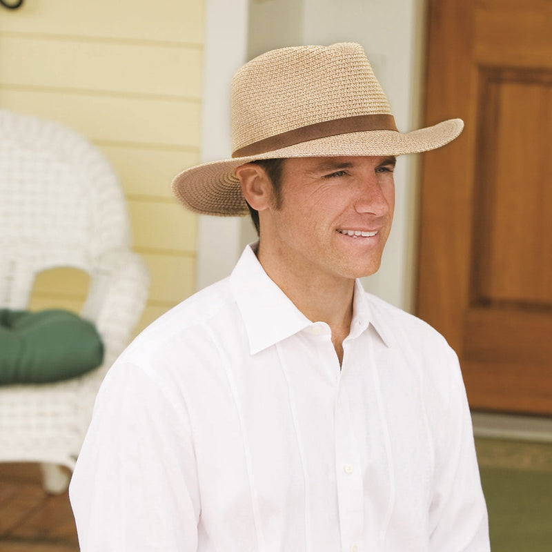 man wearing UV Skinz's outback hat|brown