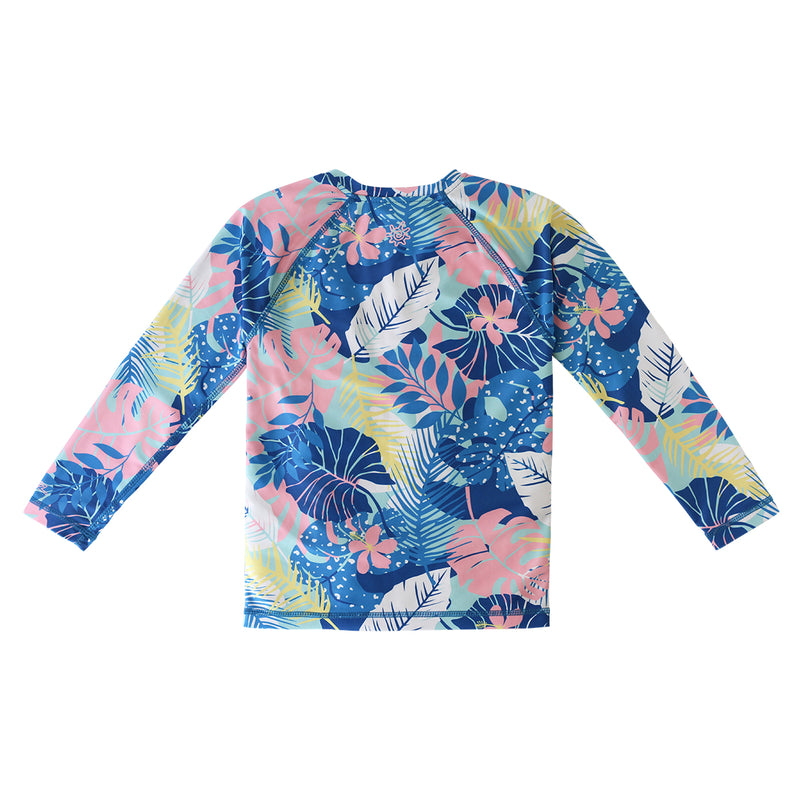 back of the girl's long sleeve swim shirt in mykonos tropical|mykonos-tropical