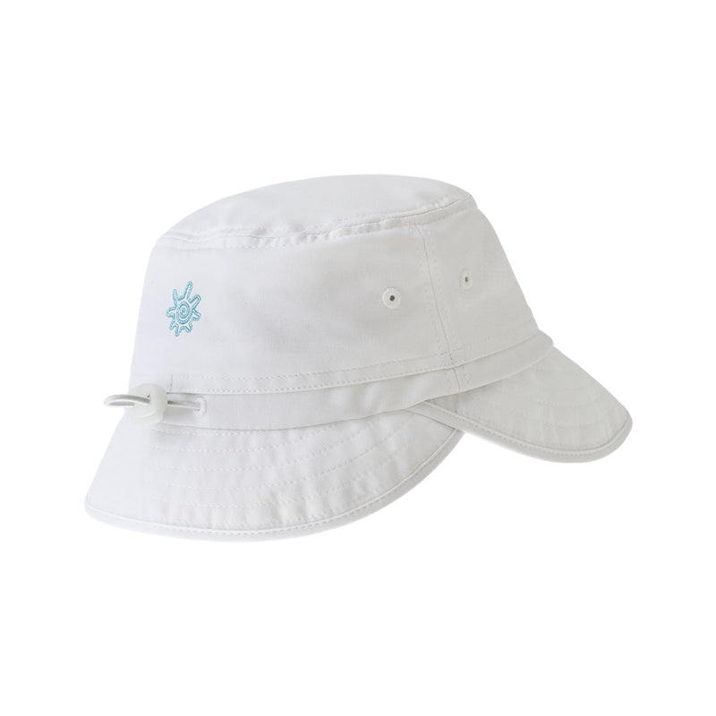 back view of the kid's adjustable flap sun hat in white|white