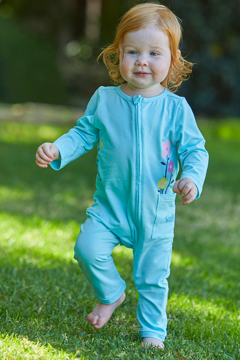Baby in baby girl's long sleeve everyday romper in glitter blossom|glitter-blossoms